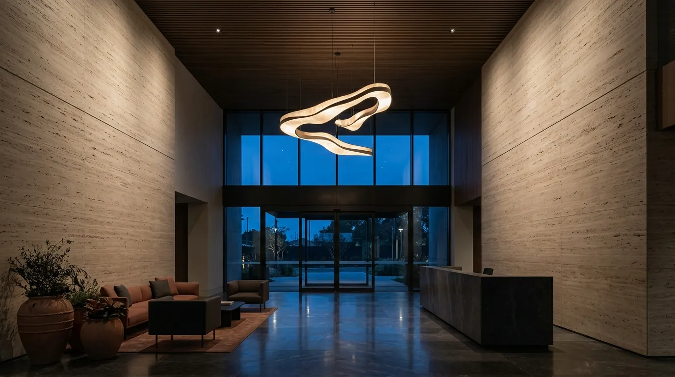 Átrio de entrada com parede de travertino e luminária escultural