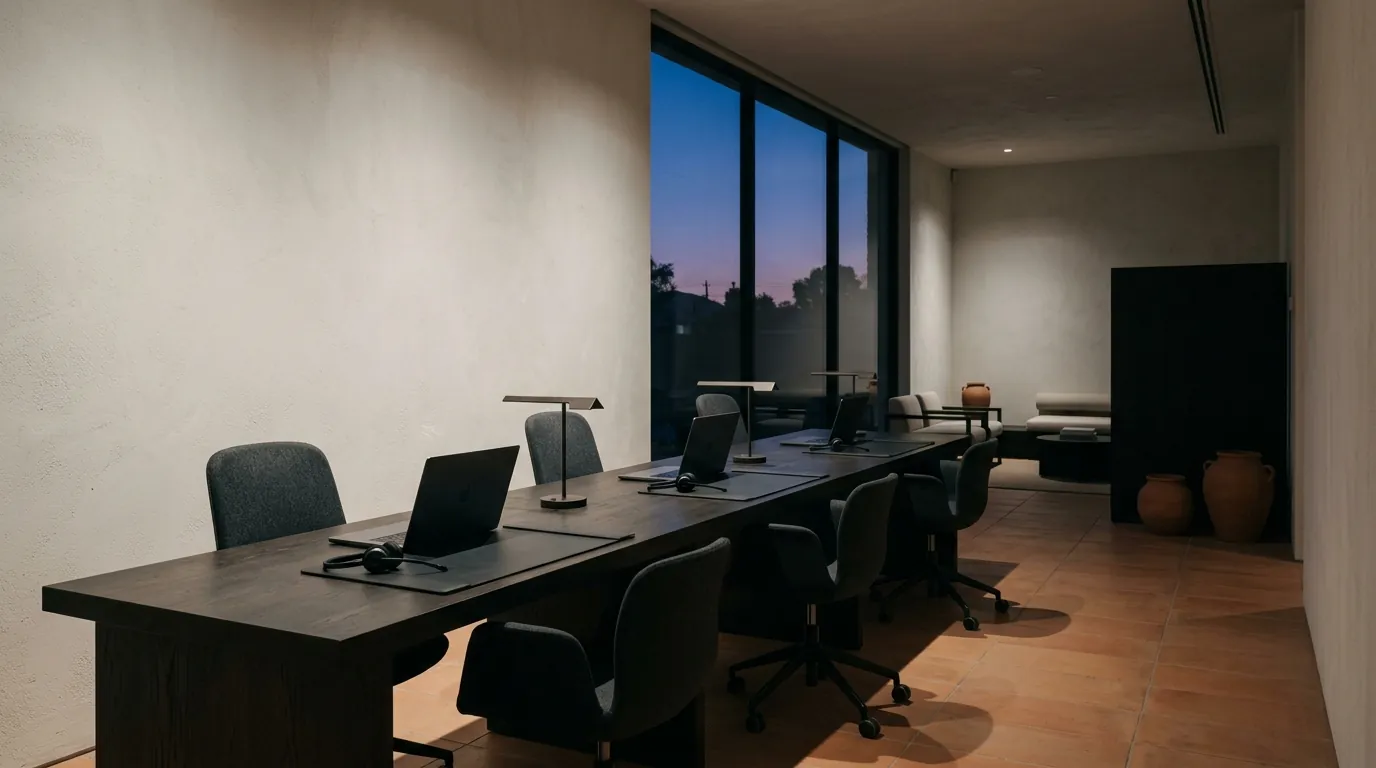 Central de atendimento com três estações de trabalho e janela ao entardecer