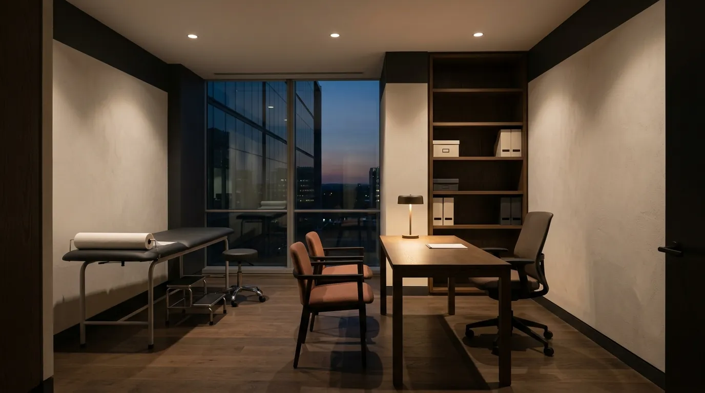 Consultório neutro em edifício comercial ao entardecer