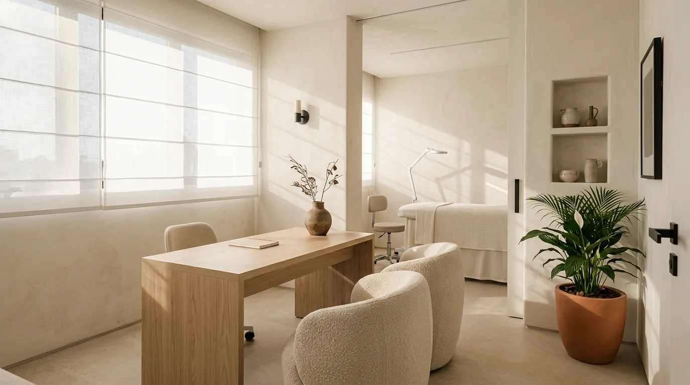 Consultório claro com luz natural, mesa de carvalho e poltronas