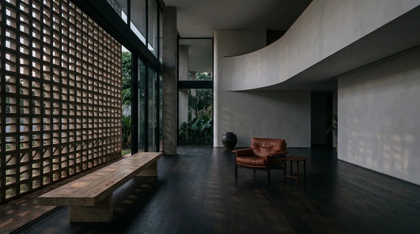 Sala de espera com parede de cobogó e banco de travertino