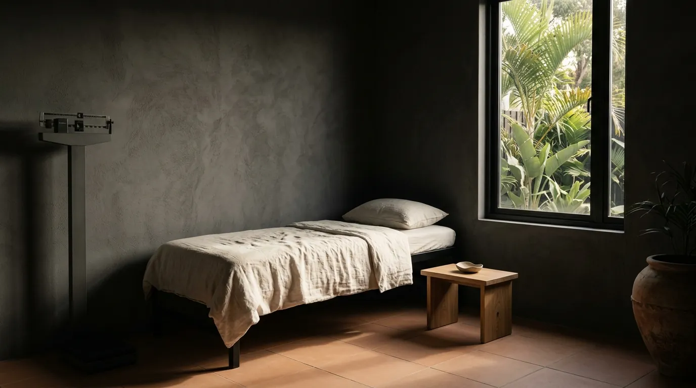 Sala de avaliação com balança e maca, plantas tropicais na janela