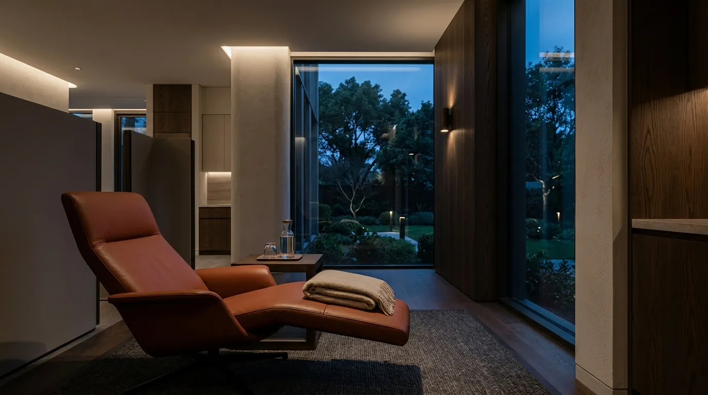 Sala com poltrona reclinável de couro e janela para um jardim ao entardecer