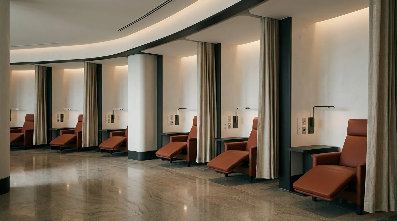 Sala de recuperação com poltronas reclináveis separadas por cortinas
